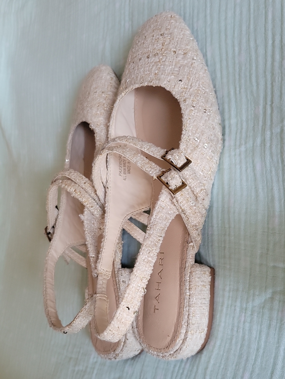 Tahari Women Mary Jane Flat Slingback Ivory Tweed Password Size 8M Preppy Ballet